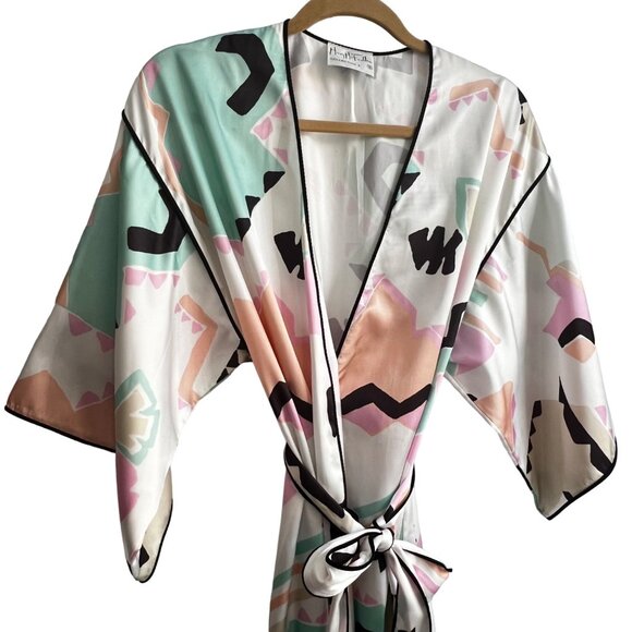 Mary McFadden Collection I Silky Kimono Robe Geometric Abstract Print Satin S - Picture 4 of 15